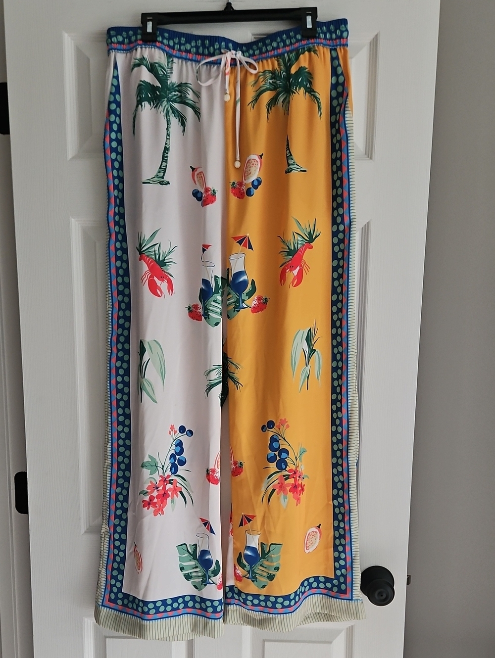 Skies Are Blue Curvy Wide Leg Satin Ivory/Sunflower Color Printed Pants:  1X
